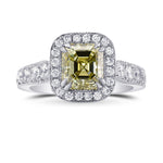 Fancy Grayish Greenish Yellow Emerald Shape Diamond Halo Ring