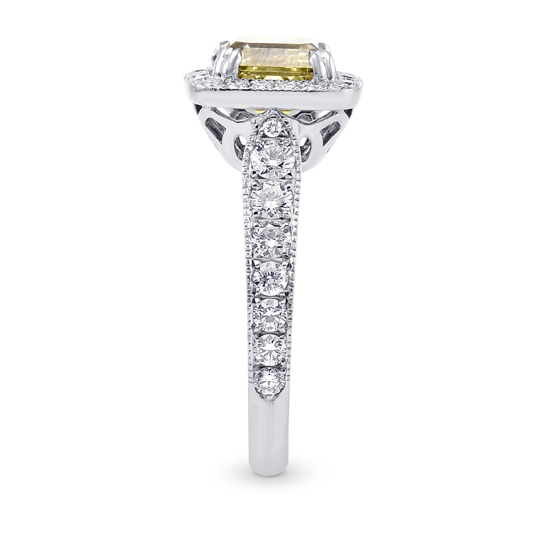 Fancy Grayish Greenish Yellow Emerald Shape Diamond Halo Ring