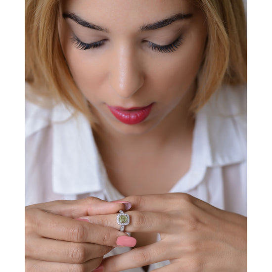 Fancy Grayish Greenish Yellow Emerald Shape Diamond Halo Ring