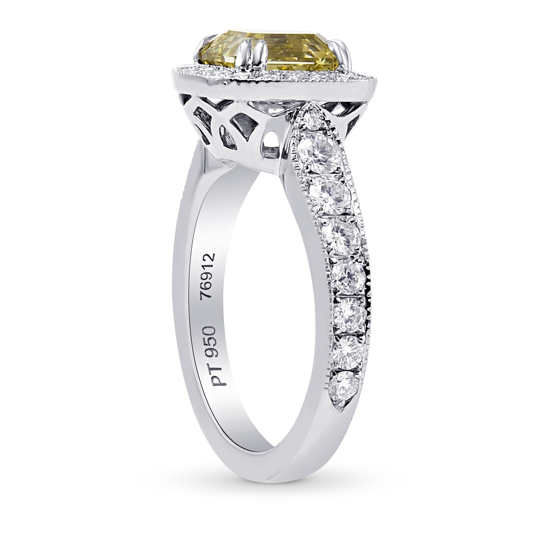 Fancy Grayish Greenish Yellow Emerald Shape Diamond Halo Ring