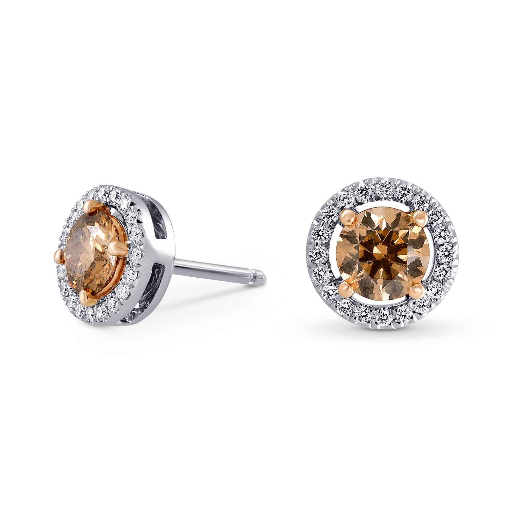 Fancy Brown Halo Stud Diamond Earrings 