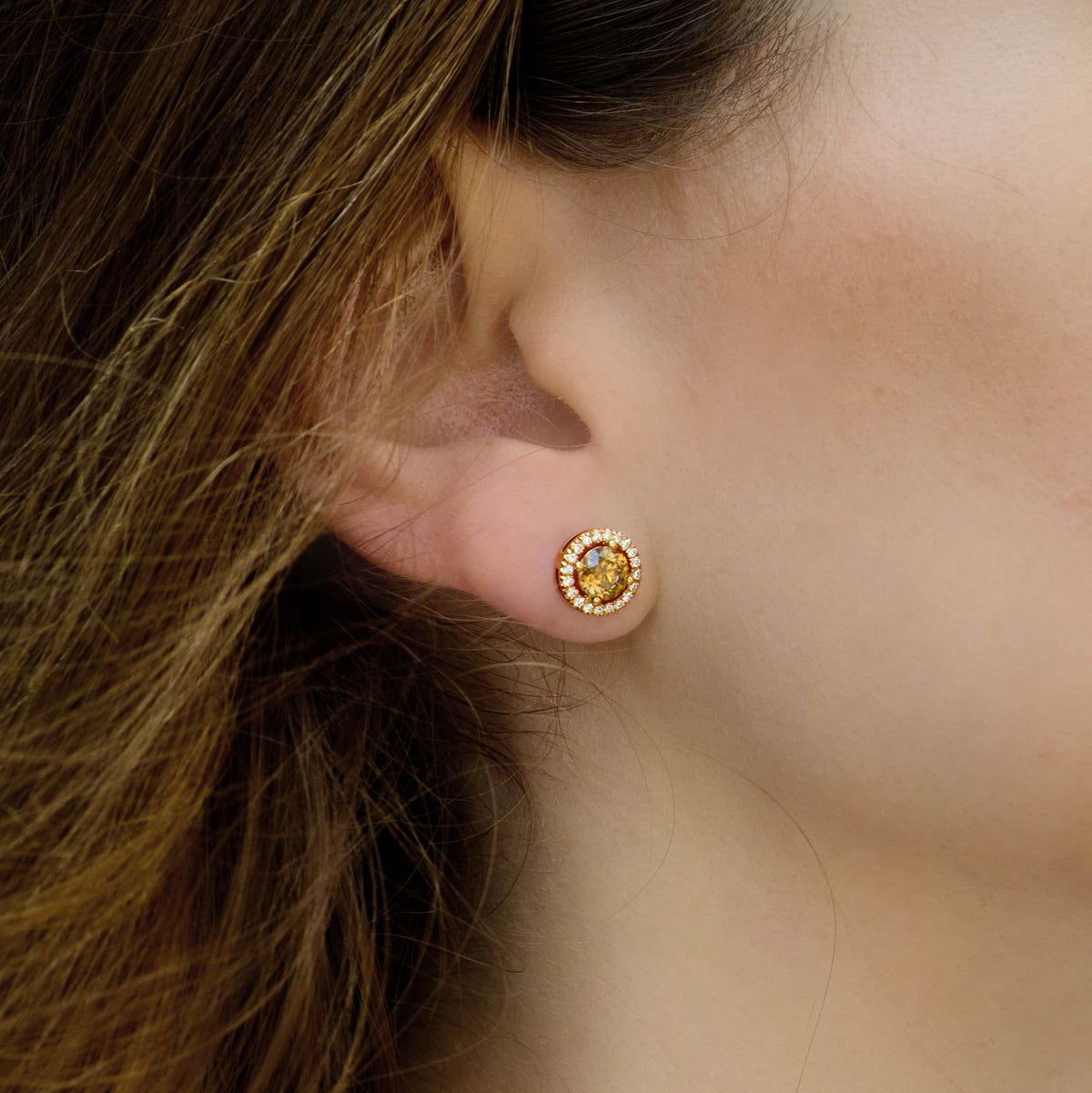 Fancy Brown Round Diamond Halo Earrings