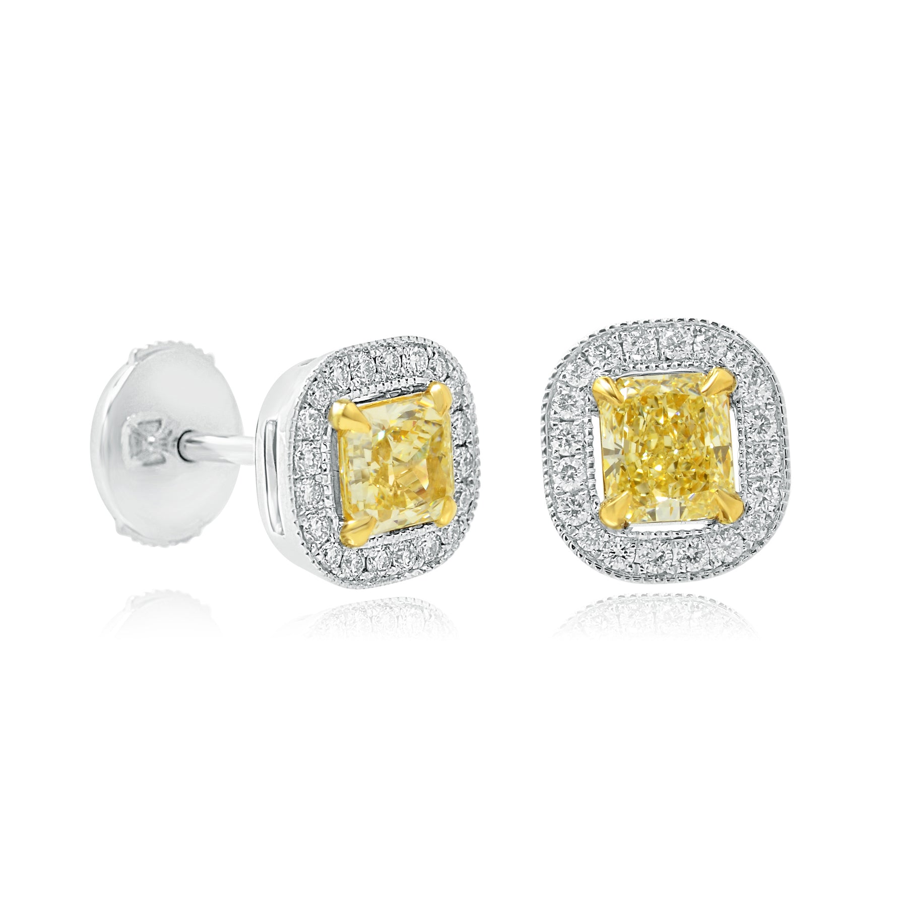 Fancy Light Yellow Radiant diamond halo earrings