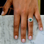 Green Emerald  Radiant & Diamond Double Halo Ring