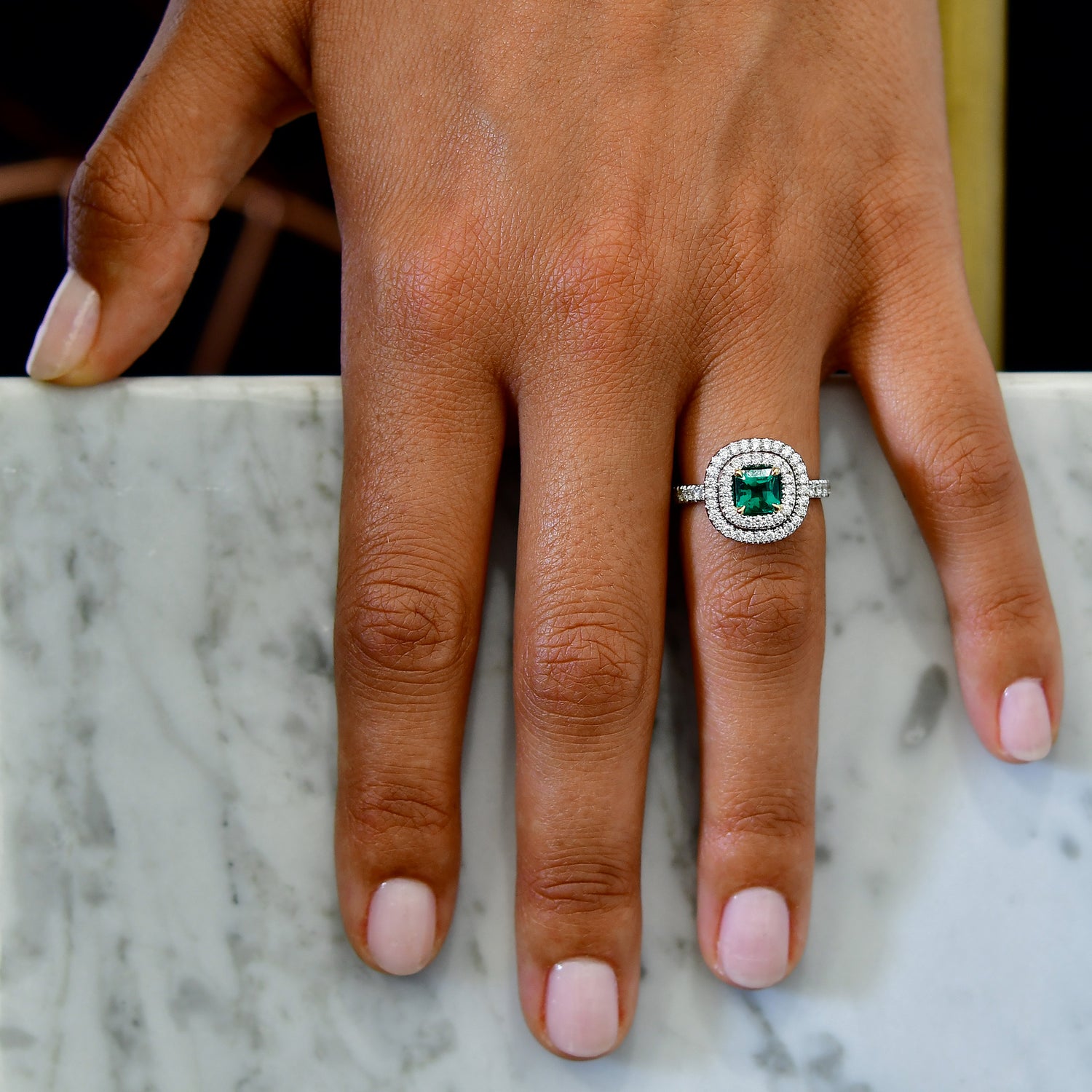 Green Emerald  Radiant & Diamond Double Halo Ring