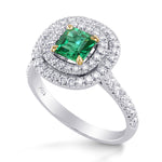 Green Emerald  Radiant & Diamond Double Halo Ring