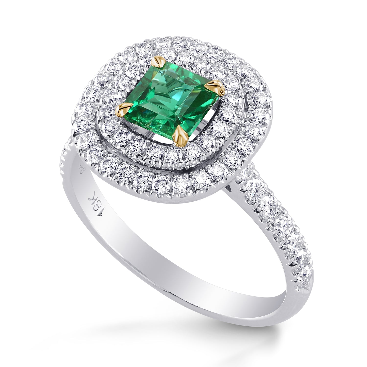 Green Emerald  Radiant & Diamond Double Halo Ring