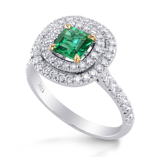 Green Emerald  Radiant & Diamond Double Halo Ring