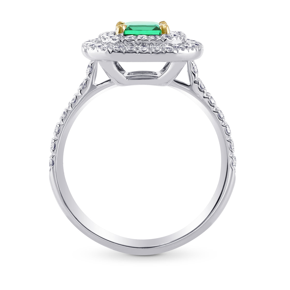Green Emerald  Radiant & Diamond Double Halo Ring