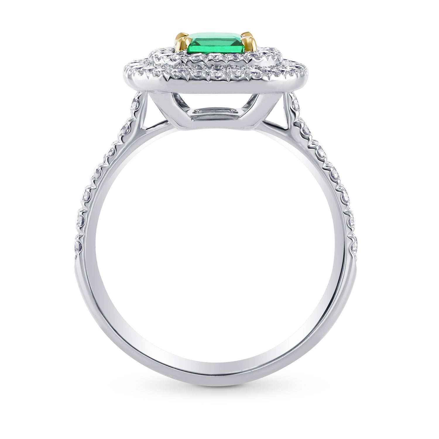 Green Emerald  Radiant & Diamond Double Halo Ring