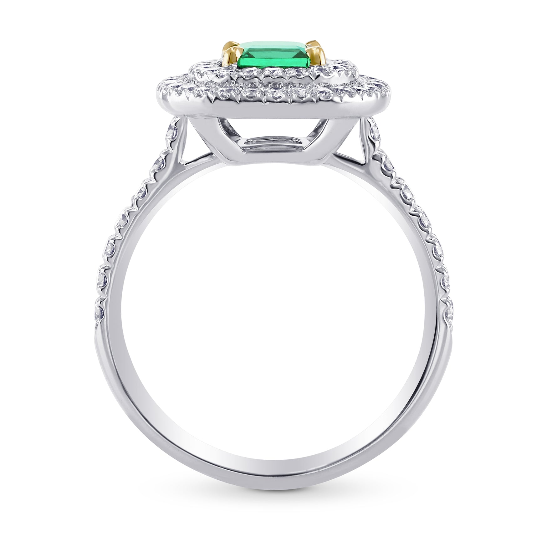 Green Emerald  Radiant & Diamond Double Halo Ring