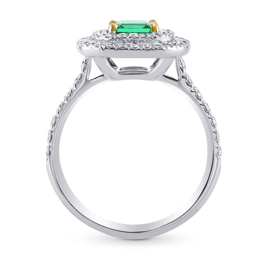 Green Emerald  Radiant & Diamond Double Halo Ring