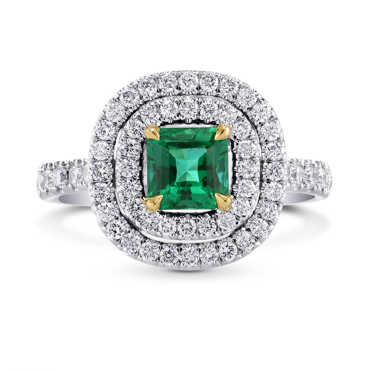 Green Emerald  Radiant & Diamond Double Halo Ring