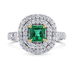 Green Emerald  Radiant & Diamond Double Halo Ring