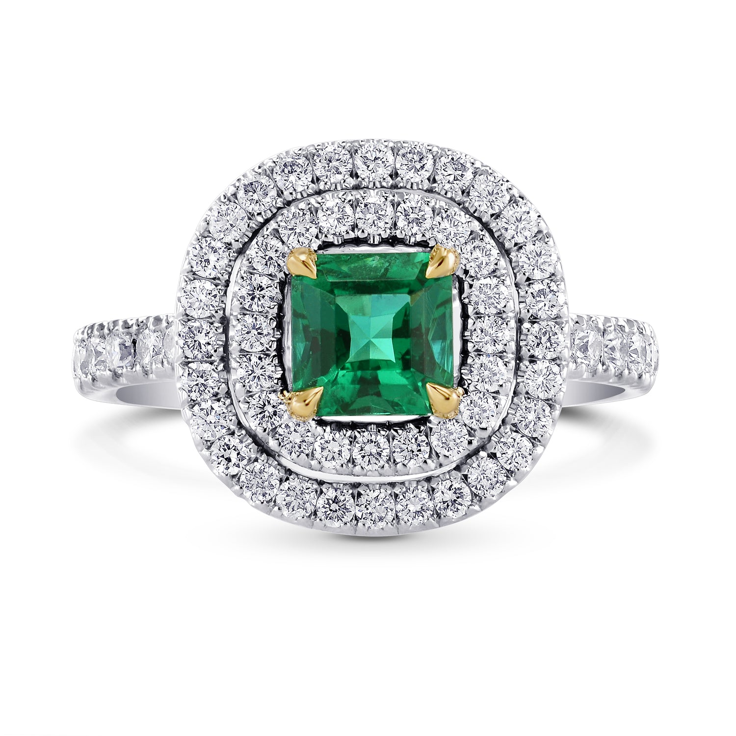 Green Emerald  Radiant & Diamond Double Halo Ring