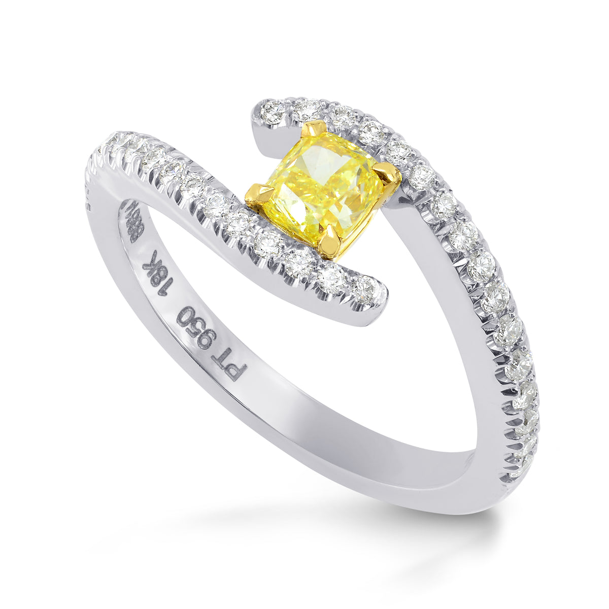 Fancy Intense Yellow Cushion Diamond Cross-over Ring