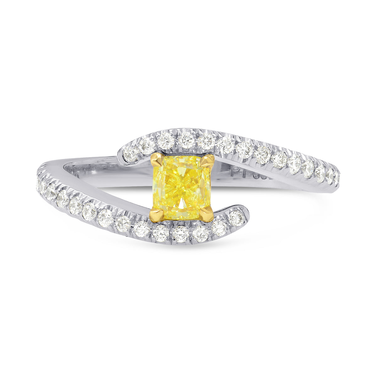 Fancy Intense Yellow Cushion Diamond Cross-over Ring