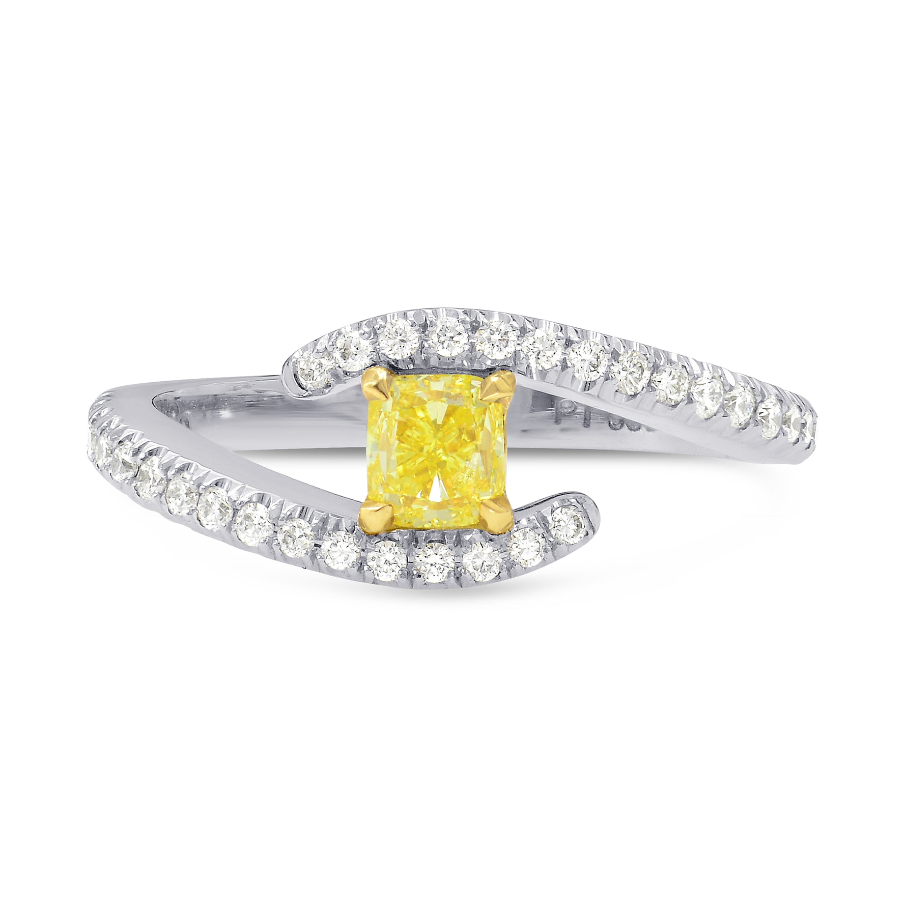 Fancy Intense Yellow Cushion Diamond Cross-over Ring