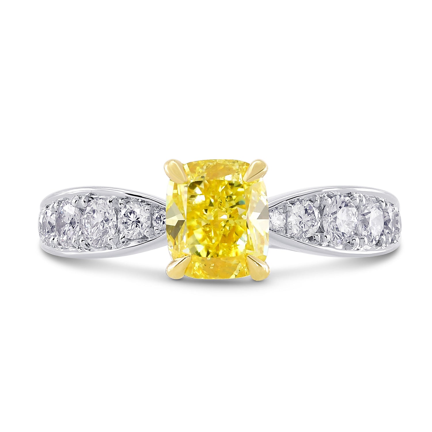 1.63Ct Fancy Intense Yellow Cushion Diamond Side Stone Ring