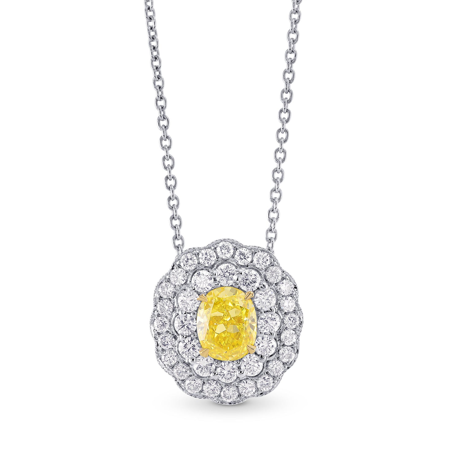 Fancy Vivid Yellow Oval Diamond Double Halo Pendant
