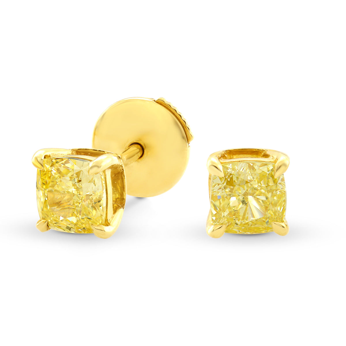 1.05Ct TW, Fancy Yellow Cushion Diamond Stud Earrings