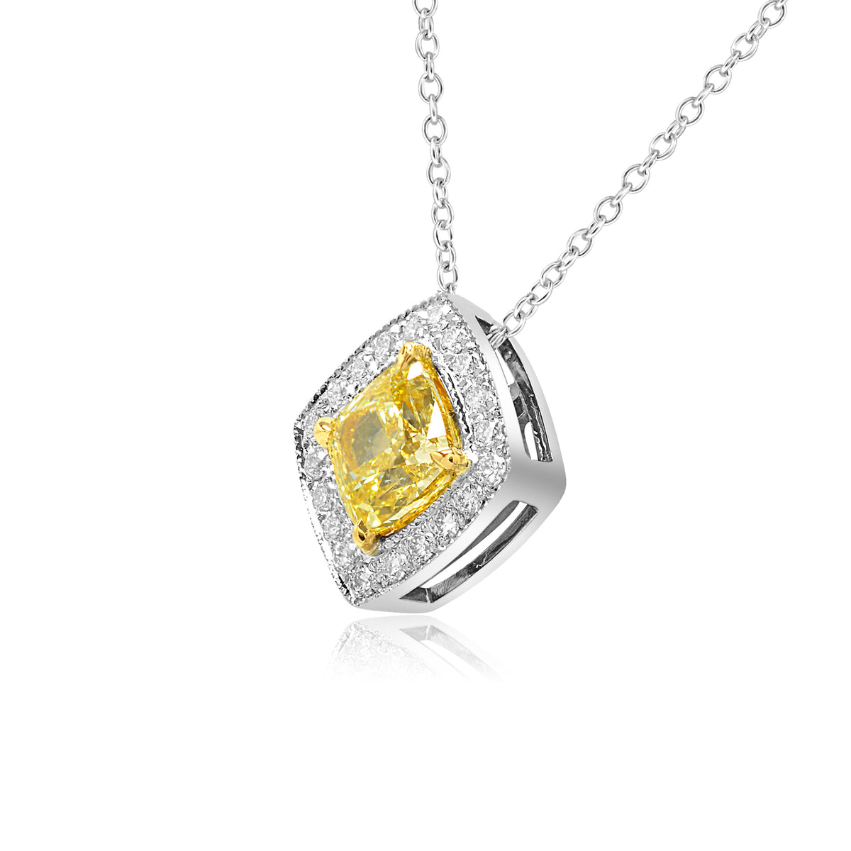 0.81ct Fancy Yellow Cushion Halo Pendant set in 18K White and Yellow gold