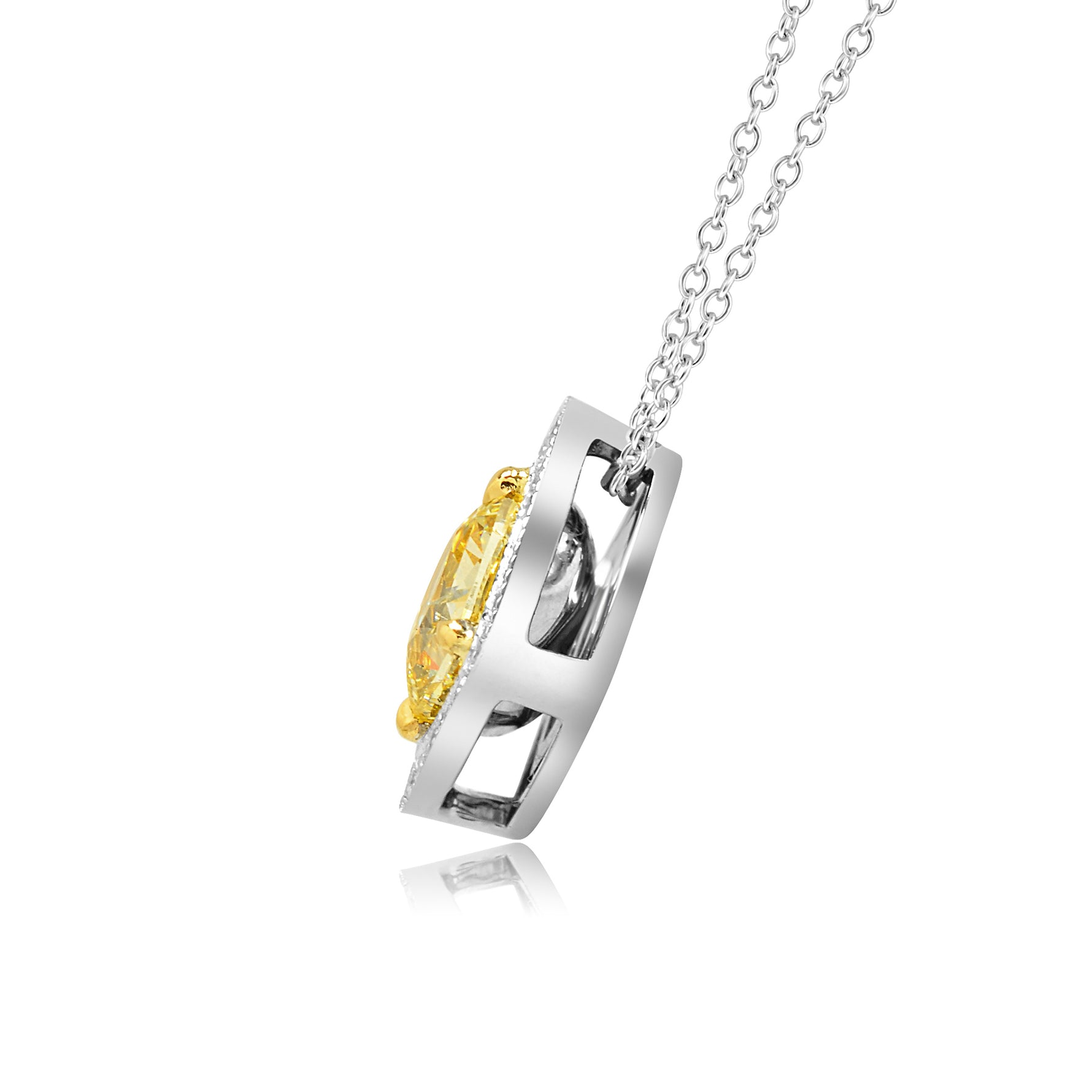 0.81ct Fancy Yellow Cushion Halo Pendant set in 18K White and Yellow gold