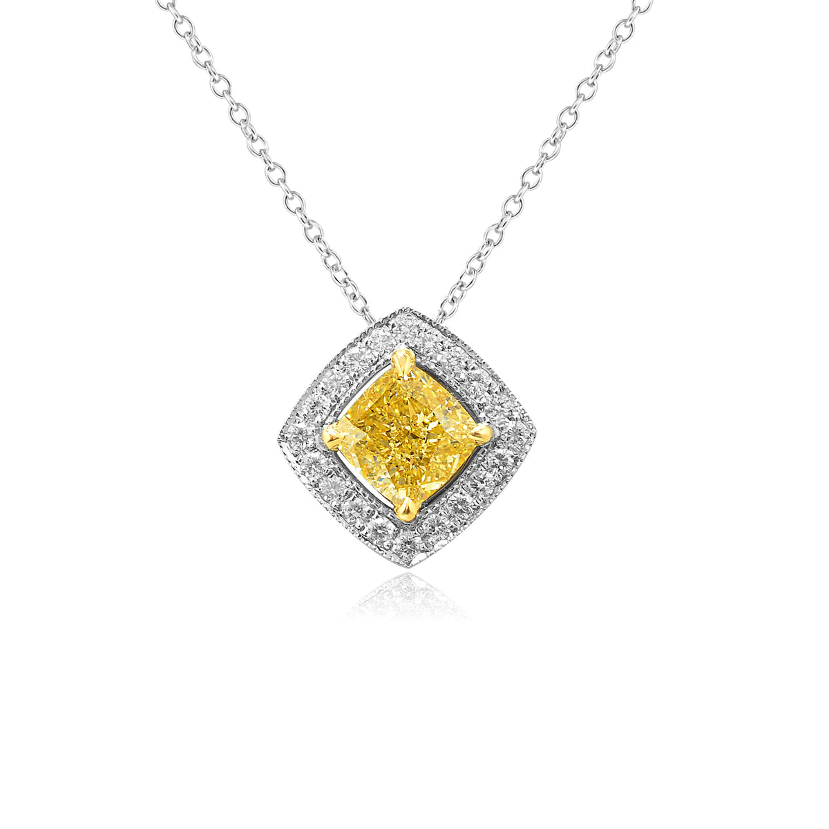 0.81ct Fancy Yellow Cushion Halo Pendant set in 18K White and Yellow gold