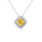 0.81ct Fancy Yellow Cushion Halo Pendant set in 18K White and Yellow gold