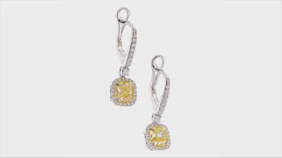 Yellow Diamond Cushion Drop Halo Earrings