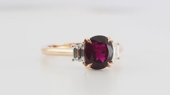 Vivid Red Oval Ruby & Diamond Three-stone Ring