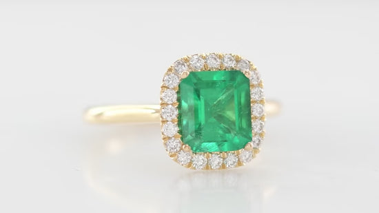 Vivid Green Emerald Halo Diamond Ring