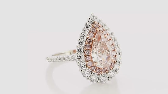 Light Pinkish Brown Pear Diamond Double Halo Ring