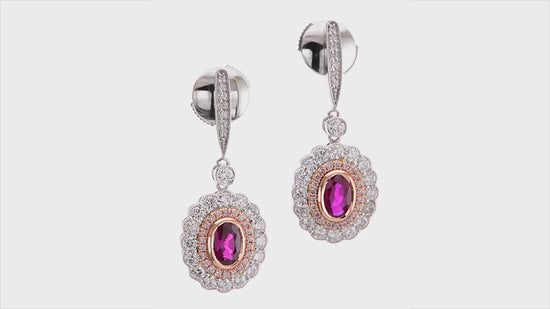 Oval Ruby & Pink Diamond Drop Halo Earrings