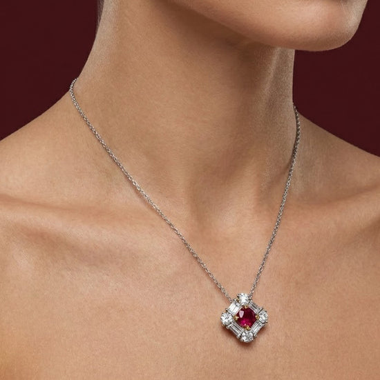 Extraordinary Round Red Ruby and Diamond Halo Pendant