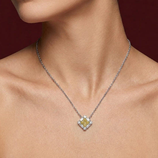 Fancy Yellow Radiant and Baguette Diamond Halo Pendant