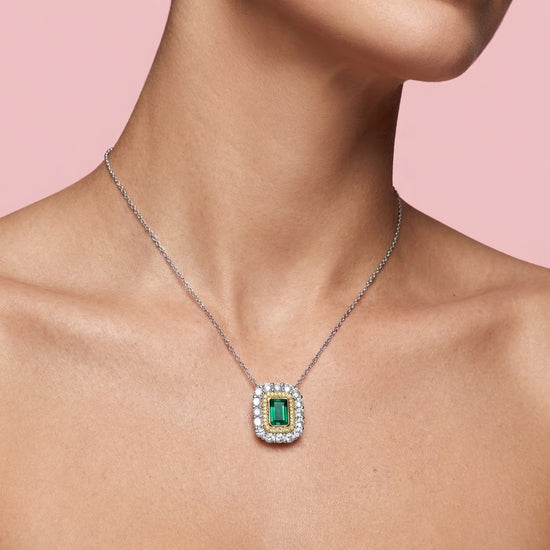 Green Emerald and Diamond Double Halo Pendant