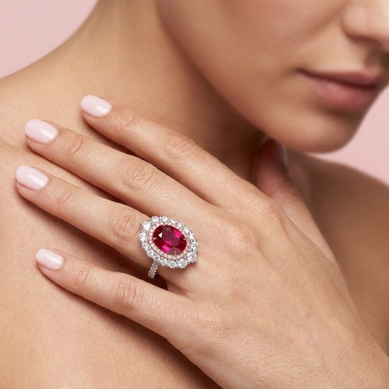 Cushion Mozambique Ruby and Diamond Double Halo Ring