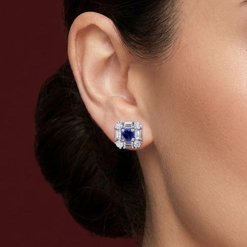 Blue Round Sapphire & Diamond Halo Stud Earrings