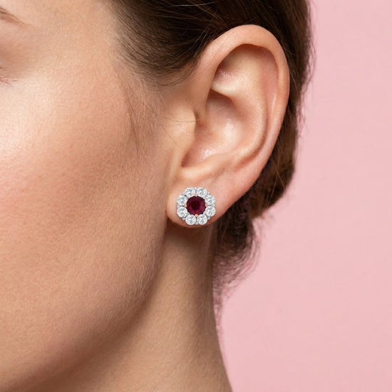 Mozambique Pigeon Blood Ruby & Diamond Floral Halo Earrings