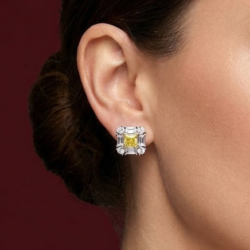 Extraordinary Cushion Fancy Intense Yellow Diamond Halo Stud Earrings