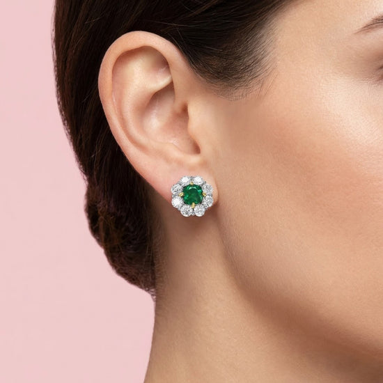 Round Emerald and Diamond Halo Earrings