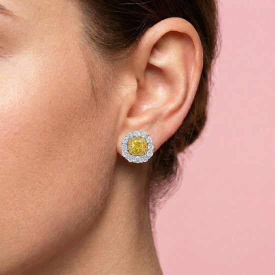 Fancy Intense Yellow Cushion Double Halo Diamond Earrings