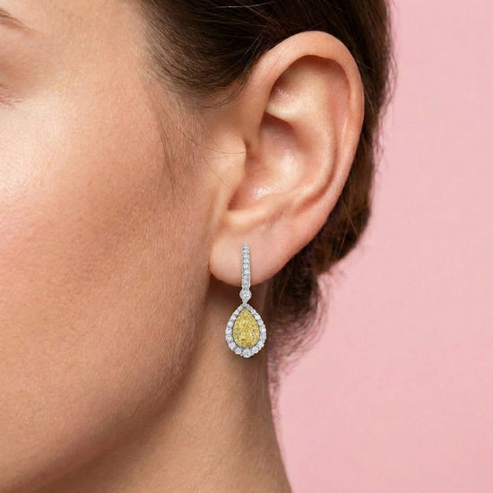 Fancy Intense Yellow Pear Diamond Halo Drop Earrings
