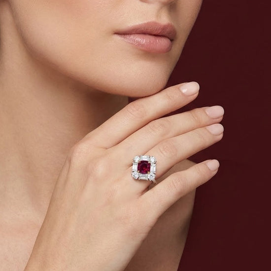 Cushion Red Ruby and Diamond Halo Ring