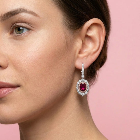 Oval Mozambique Ruby and Diamond Double Halo Earrings