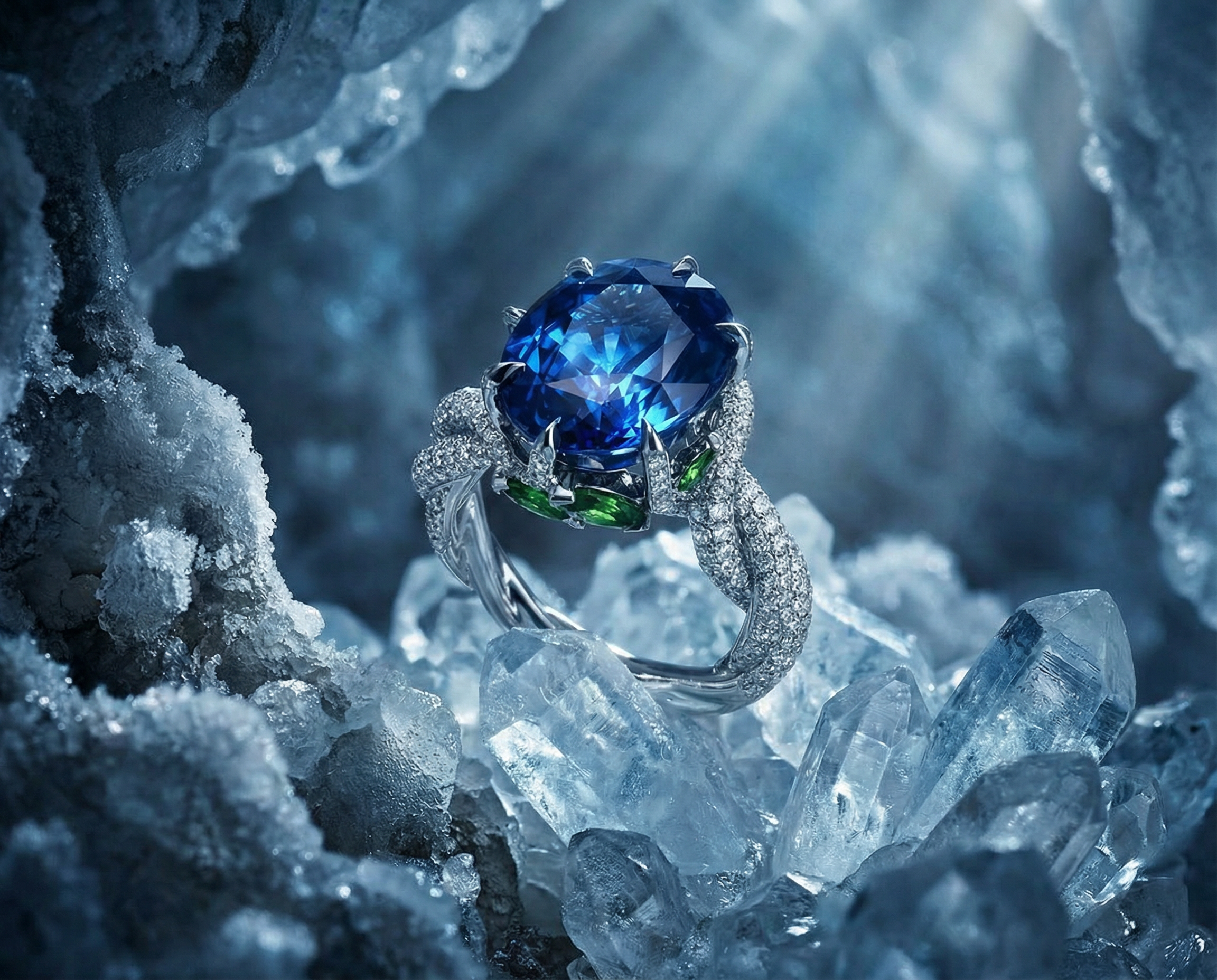 Ring with a blue gemstone on a rocky background